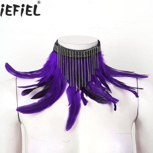 Womens Gothic Victorian Feather Adjustable Choker Neck Wrap Collar with Chain Tassel Stage Performance Party Halloween Carnival