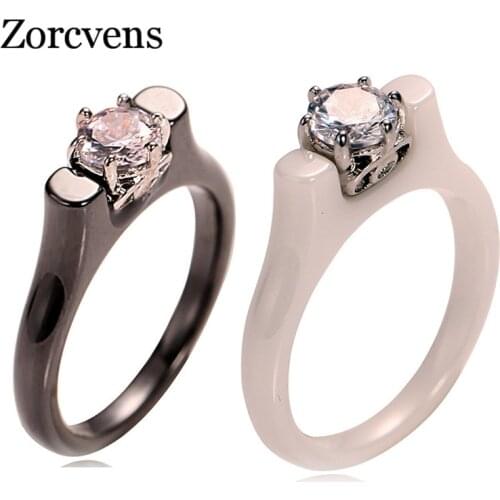 Modyle Fashion 6MM Crystal Ceramic Ring Cubic Zirconia Stone Black/White Color Women Jewelry Engagement Wedding Band Gifts