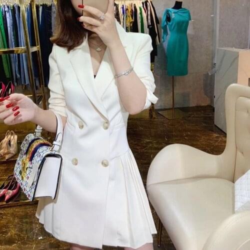 Fashion White Solid Dress Women Autumn 2020 Ladies Elegant Notched Collar Double Breasted Short Pleated Dress Office Work Wear