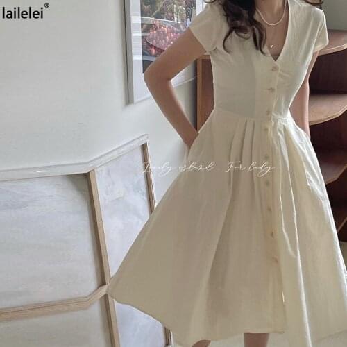 French Button V-Neck A-Line Dress Midi Vestidos De Verano Women Elegant Off White Kawaii Vintage Korean Robe Femme Chic Sukienka