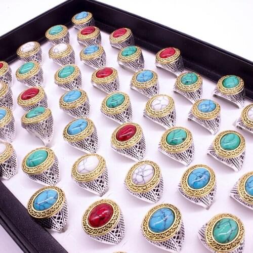 EKUSTYEE 12pcs Mix Color Design Mixed Stone Rings Wholesale Lot Vintage Look Antique Gold Color Fashion Jewelry