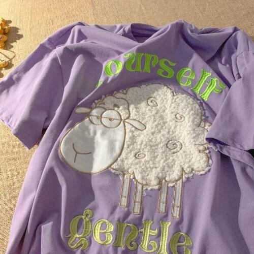 Super Cute Sheep Embroidery 100%Cotton T Shirts Women Retro Ins Fashion Brand Tshirts Summer New Harajuku Teens Girls Tees Tops