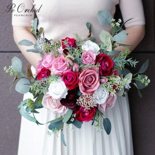 PEORCHID 2021 Fuchsia&Dusty Pink Bridal Flower Bouquet Deco Mariage Vintage Rmo De Novia Artificial Wedding Bouquet Fr Bride