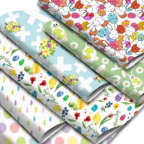 Easter Day Rabbit Eggs Pattern Printed Faux Leather Sheets Synthetic Leather Fabric Roll for DIY Hair Bows Pouches Making