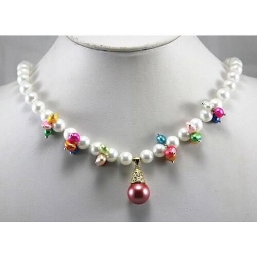 Fashional design jewelry! wholesale/retail 8mm white shell pearl mixed colorful bead flower necklace & 14mm red pearl pendant