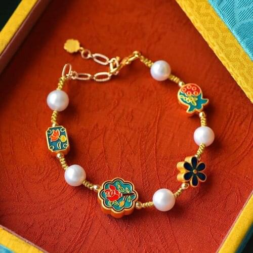 New ancient gold craftsmanship inlaid enamel porcelain pearl bracelet beautiful ethnic style ladies jewelry