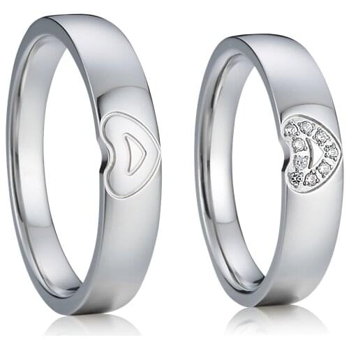 Couples heart ring white gold color wedding band 1 Pair Love Alliance custom titanium proposal promise rings for men and women