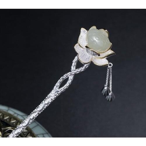 925 Sterling Silver Chinese Jade Hair Stick Tassel Lotus Flower Root Step Shake Hanfu Hair Accessory Sticks Pin Luxury Jewelry