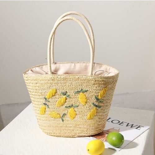 Straw woven bag embroidered pattern lemon mango handbag shoulder bag embroidery female bag