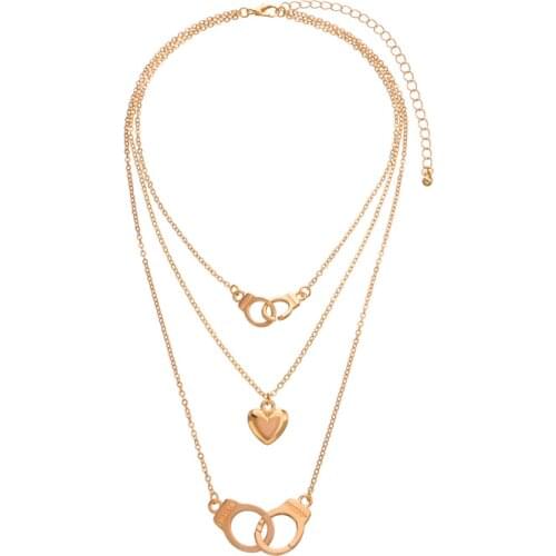 Vintage Multilayer Choker Heart Handcuff Pendant Chain Necklace for Women Girl Gold Silver Color Party Fashion Jewelry Gift