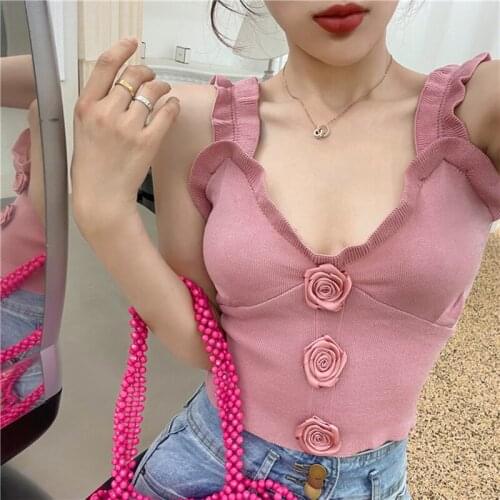 WKFYY Women High Street Sexy VIntage Knitted Solid Flower Appliques Lace V-Neck Sleeveless Ruffles Camisole Strap Tank TopsB4028