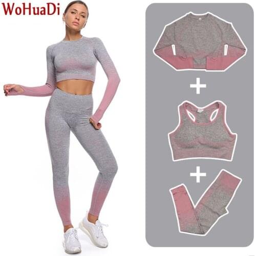 WOHUADI Yoga Sets Womens Clothing Seamless Gym Fitness Sports Bra+Shirt +High Waist Leggings Stripe Sportswear Female