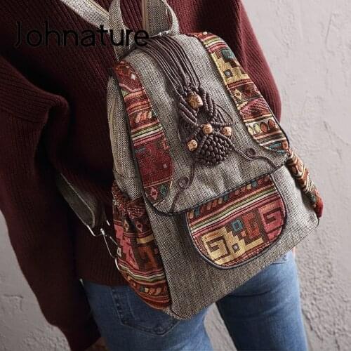Johnature Hand Woven Retro Women Backpack 2021 New Versatile Summer Lightweight Canvas Bag Multifunctional Leisure Travel Bags