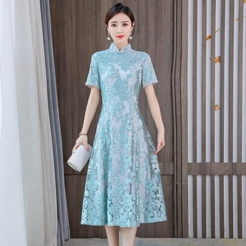2021 New Summer Women Elegant Long Dress High Quality Embroidery Vintage Chinese Style Improved Cheongsam Dress