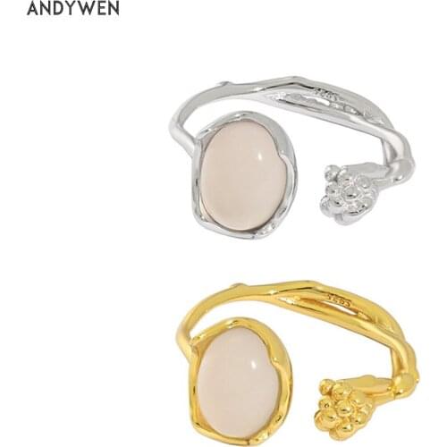 ANDYWEN 925 Sterling Silver 2020 Open Ovals Gems Resizable Adjustable Rings Women Fashion Crystal Wedding Flower Blossom Jewels