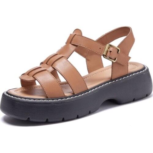 Brand Luxury Open Toe Summer Shoes for Women Genuine Leather Platform Sandals Woman Comfort Hollow Flat Gladiator Sandals Female