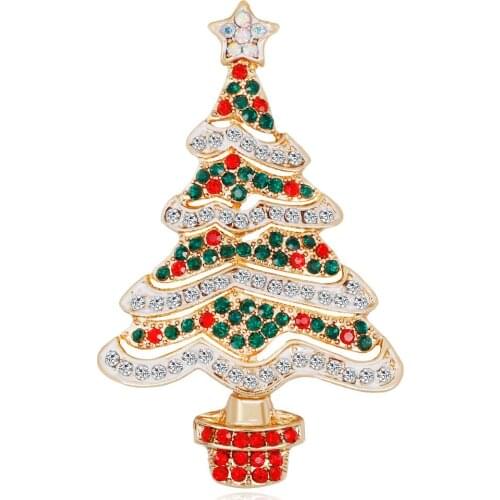 Colorful Enamel Coated Gold Color Metal Christmas Tree Brooch Pin Crystal Stone Leaves Rhinestone Light Stripes Brooches Pins