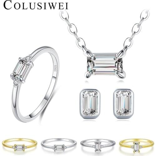 Colusiwei 925 Sterling Silver Luxury Shiny Emerald Cut Clear CZ Earrings Rings Necklace For Women Wedding Engagement Jewelry Set