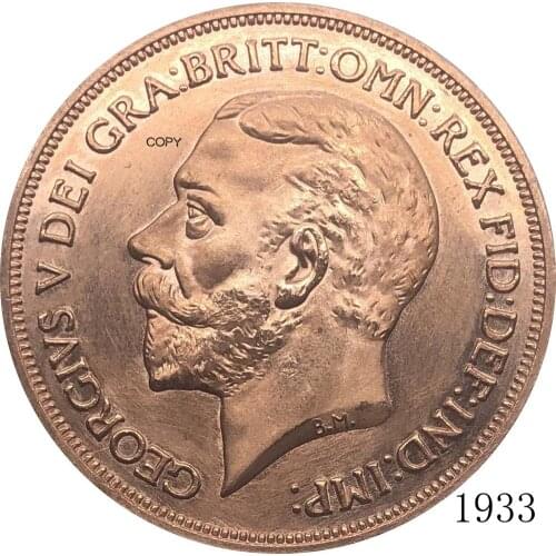 United Kingdom 1933 Portrait Of King George V 1 One Penny Great Britain Bronze Red Copper Copy Coin With Smooth Edge