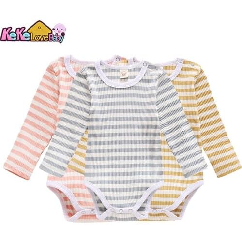 Newborn Baby Boys Girls One-Pieces Bodysuits Cotton Long Sleeve Stripe Solid Color Jumpsuit Infant Clothes Toddler Outfits