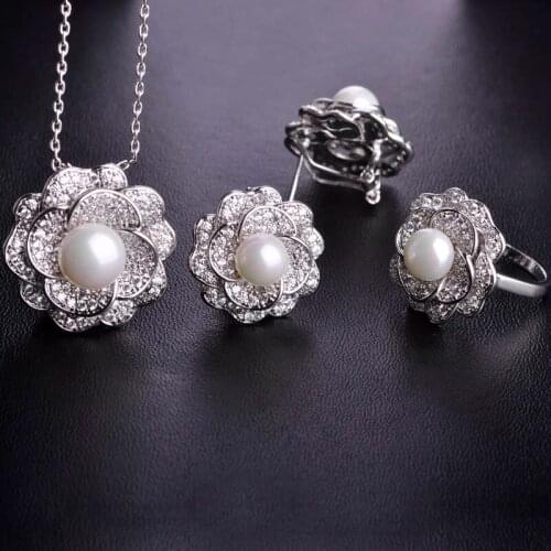 African Beads Jewelry Set Necklaces&Earrings&Ring Luxury Zircon Rose Flower Pendants Stud Earring Thin Aneis Parure Bijoux Femme