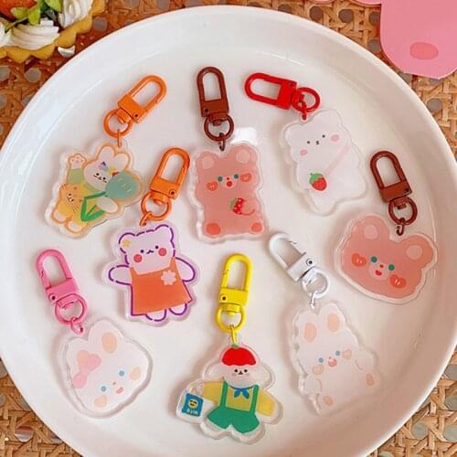 Korea Little Heart Bear Keyring Lovely Puppy Bunny Pendant Purse Backpack Jewelry Women Girl Trinket Airpods Keychain Kid Keyfob