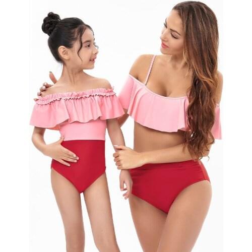 Ruffled Mother Daughter Matching Swimsuit Family Set Off-Shoulder Mommy and Me Swimwear Mom Baby Women Girls Beachwear Clothes