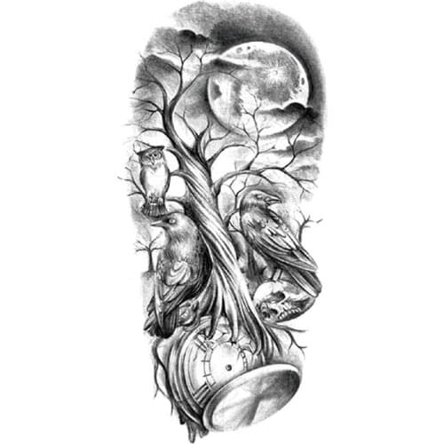 Forest Crow Bird Temporary Tattoo Stickers Black Skull Moon Clock Fake Tattoos Waterproof Tatoos Arm Large Size for Women Men