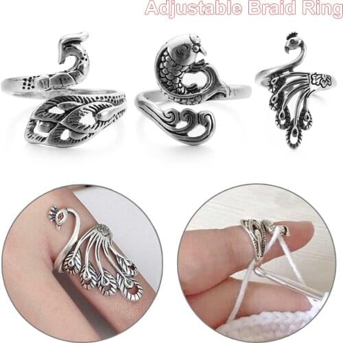 Hot New Silver Stainless Steel Knitting Loop Crochet Ring Peacock Fish Phoenix Thimble Ring Finger Wear Sewing Accessories Tools