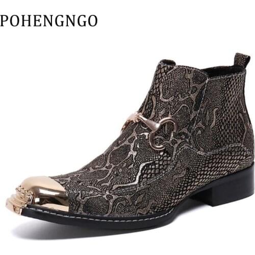 New Punk Men Gold Silver Printing Short Boots Italy Genuine Leather Buckles Party/Runway/Wedding Shoes Rock Men Cowboy Boots