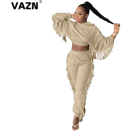 VAZN 2020 New Solid Comfortable Women Hooded Loose Girl Tassel Set Gym Clothing Sport Suit Women Full Sleeve Tracksuit