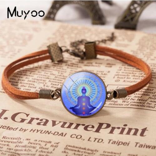 2019 New Chakra Reiki Healing Charm Leather Bracelet Buddha Yoga Meditation Bracelets Hand Craft Glass Dome Jewelry