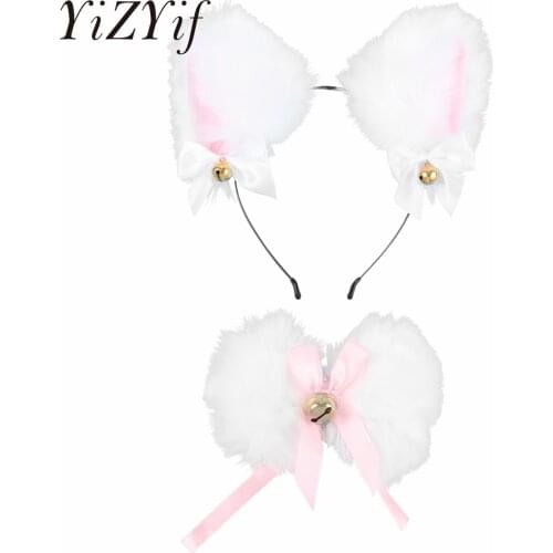 Cat Ears With Bell Hairhoop Fox Long Fur Hair Hoop Bowknot Bell Collar Headwear Halloween Party Cosplay Costume Accessories Gift