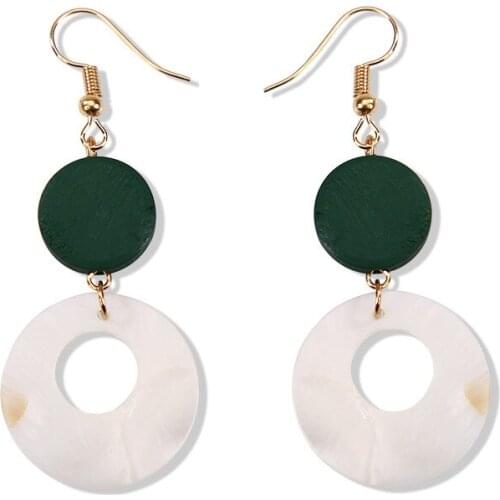 Hollow Shell Round Hoop Green Wood Slice Golden Dangle Earrings Drop Earrings for Women