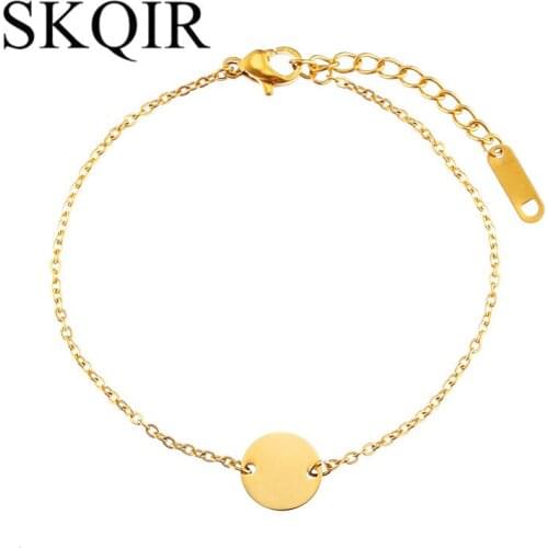 Simple Round Charm Bracelet For Women Gold Color Chain Stainless Steel Jewelry Smooth Pendant Femme Bracelet/Bangle