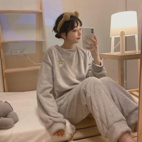 QWEEK Winter Womens Pajamas Gray Yellow Bear Embroidery Flannel Pijamas Round Neck Long Sleeved Trousers Pyjamas Sleepwear Cute