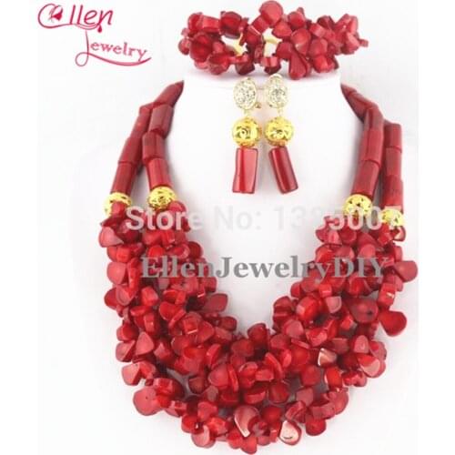 Luxury Nigerian African Wedding Beads Sets Red Coral Beaded Jewelry Set Necklace Bracelet Earrings TL1186