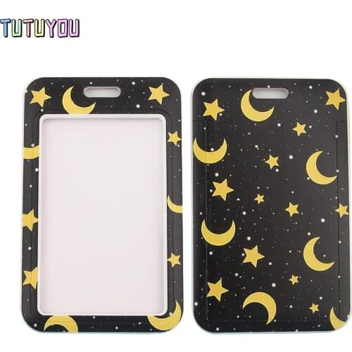 1pc PC2549 Star And Moon Lanyard Credit Card ID Holder Bag Student Women Travel Bank Bus Business Card Cover Badge
