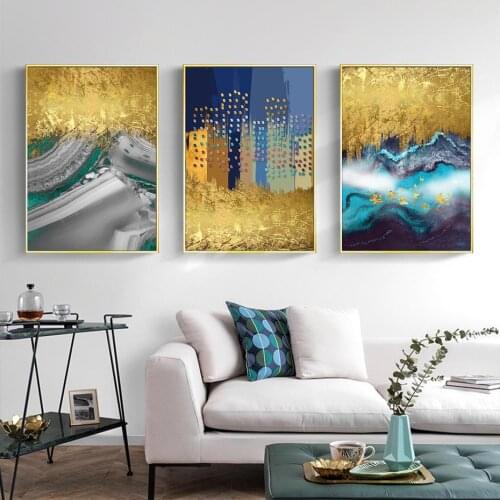 Nordic Modern Abstract Golden Canvas Painting Picture Print Poster Wall Art for Bedroom Decor Blue Grey Living Room Home Decor