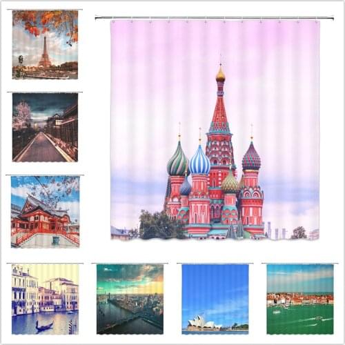 Landscape Shower Curtains City Building Nordic Town Houses Castle River Vessel Scenic Bathroom Decor Waterproof Cloth Curtain
