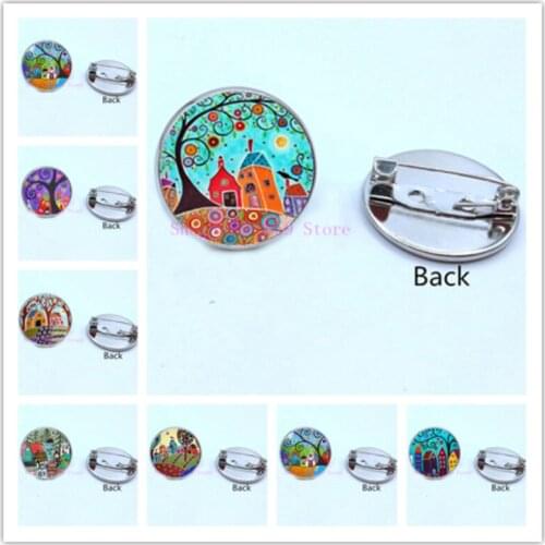 Colorful House and Tree Brooch Pin Cute Abstract Oil Painting House Glass Cabochon Brooches Cartoon Painting Pins Gifts Women