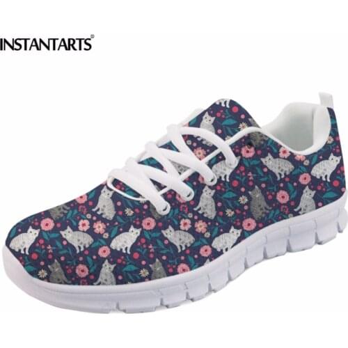 INSTANTARTS 2018 New Fashion Women Casual Sneakers Lace Up Mesh Flats Cute American Shorthair Cat / Siamese Cat Flower Flat Shoe