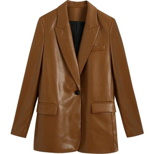 Casual Temperament One-Button Blazer 2021 Autumn Women New Style Lapel Long-Sleeved with Pockets and Hem Split Faux Leather Blaz