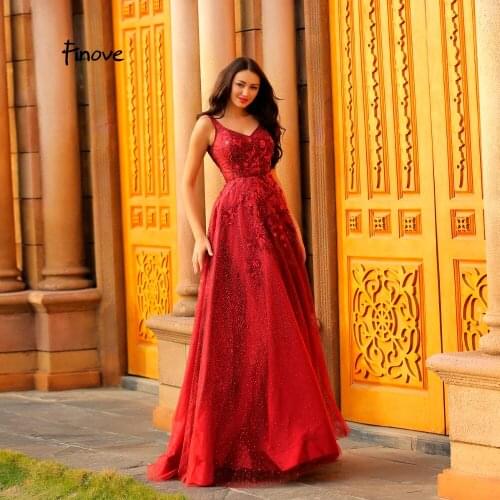 Finove Evening Dress 2020 Wine Red Sexy V-neck Backless Prom Dresses Appliques Tulle Beading Long Ball Gown For Woman Plus Size