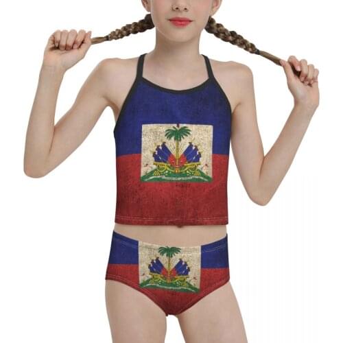 2021 proud Swimwear for junior high school Girls Print Old Vintage Flag Of Haiti Bikini Wholesale Brand for Children Girl