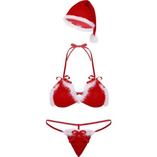 3Pcs Women Velvet Christmas Exotic Costume Lingerie Sets Halter Neck Bikini Bra Top with G-String Thong Briefs Underwear and Hat