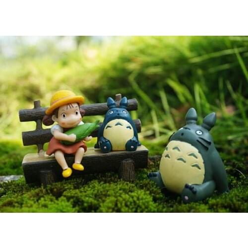 4pcs Fairy Garden Supplies Miniature Set of Small Girl Hold Corn and Totoro Sit on Bench Ghibli Figurine Terrarium Accessories