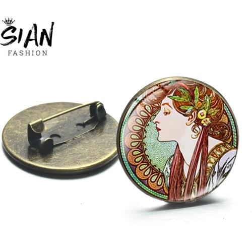 SIAN Retro Beauty Lady Brooch Alphonse Mucha Art Nouveau Painting Glass Crystal Dress Pins Metal Bronze Silver Plated Brooches