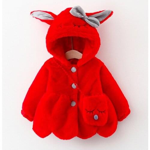 2021 Cute Rabbit Ears Plush Baby Jacket Christmas Sweet Princess Girls Coat Winter Warm Hooded Outerwear Toddler Girl Clothes 3Y