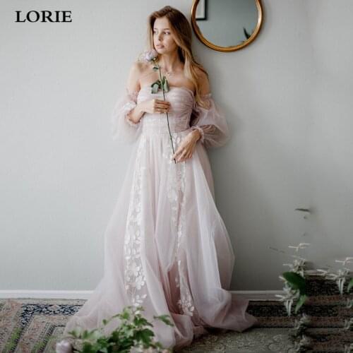 LORIE Light Pink Puff Tulle Wedding Dress With Detachable Puff Long Sleeves Tulle A Line 2021 Bridal Gowns Robe De Mariage